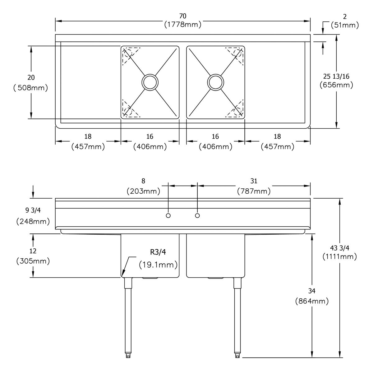 Stainless steel two-compartment sink with 18-inch drainboards on left and right sides and four legs, top and side view.
