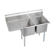Stainless steel two-compartment sink with left drainboard and four legs.