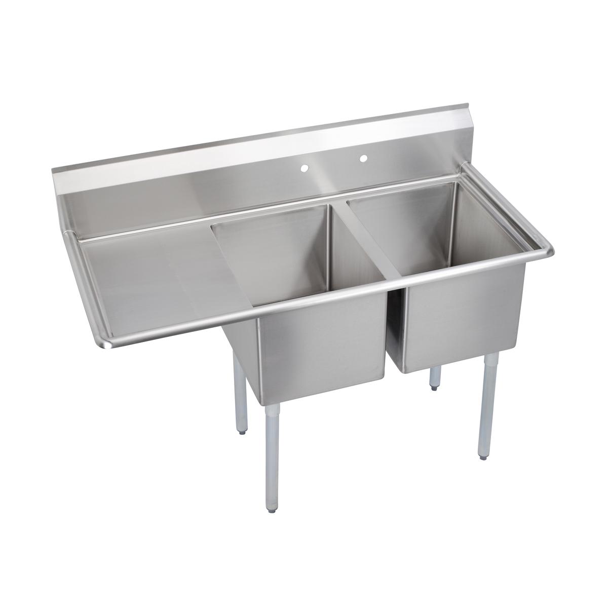 Stainless steel two-compartment sink with left drainboard and four legs.