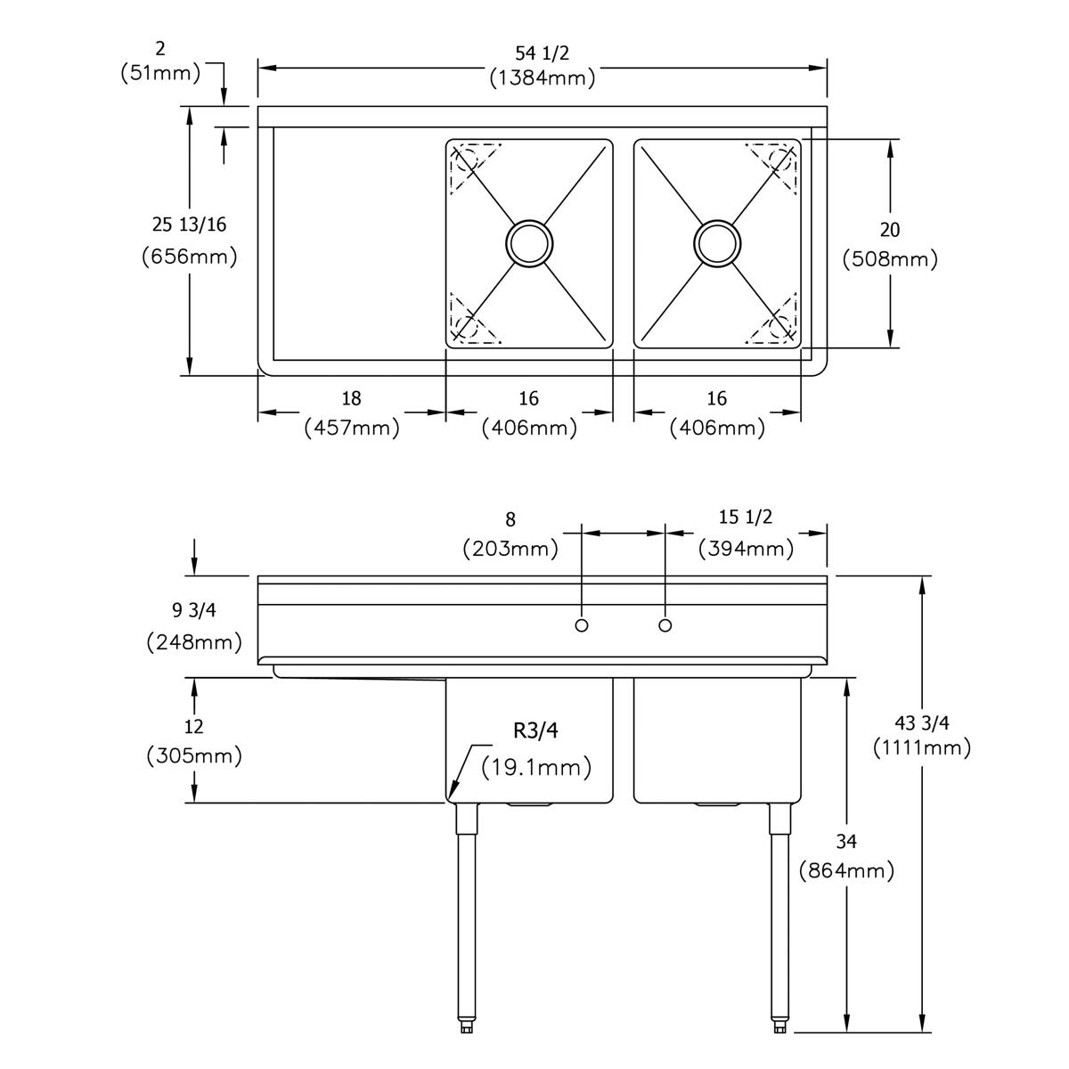 Two-compartment stainless steel sink with 18-inch left drainboard and stainless steel legs, technical drawing showing dimensi