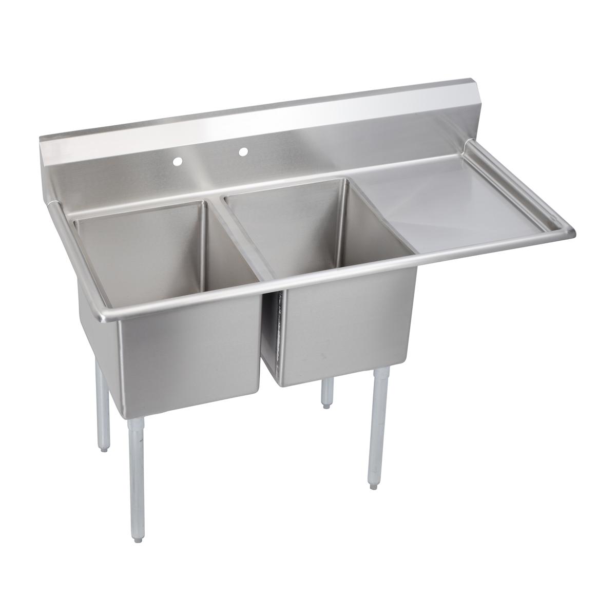 Stainless steel two-compartment sink with drainboard on right side and metal legs.