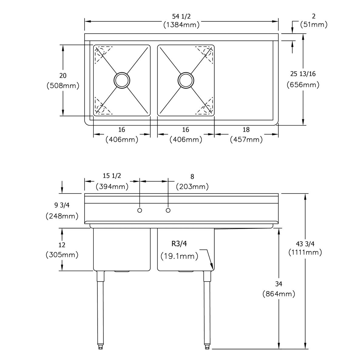 Stainless steel two-compartment sink with 18" right drainboard and stainless steel legs, top and side views with dimensions.