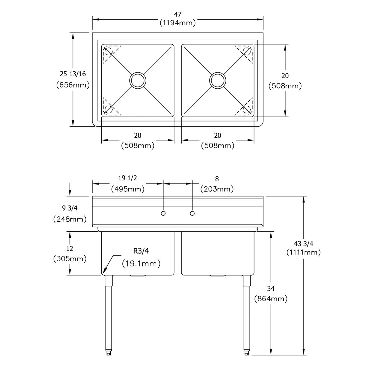 Technical drawing showing top and side views of a stainless steel two-compartment sink with measurements and drainage details