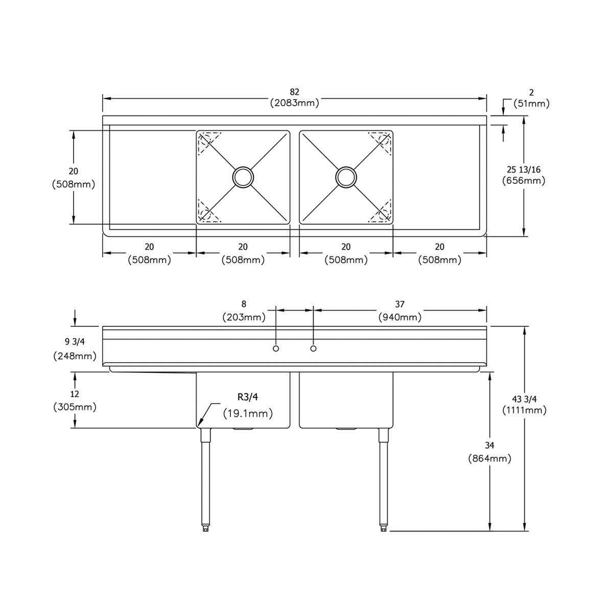 Two-compartment stainless steel sink with dual drainboards on left and right sides and stainless steel legs, shown in top and