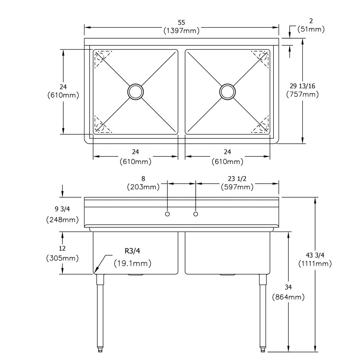 Technical drawing of stainless steel two-compartment sink with dimensions, drain locations, and four-leg support structure sh