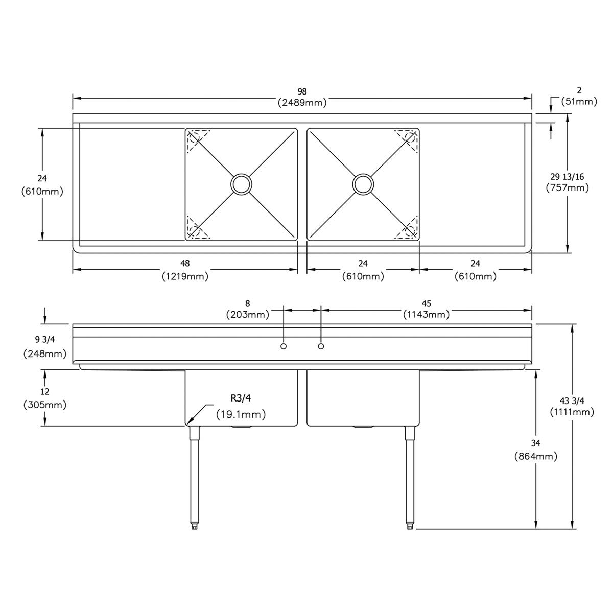 Two-compartment stainless steel sink with left and right drainboards and stainless steel legs, shown in top and side technica