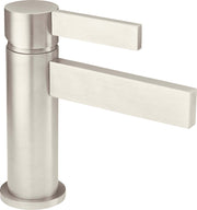 Polished chrome single-hole lavatory faucet with cylindrical body and two rectangular cream-colored lever handles.