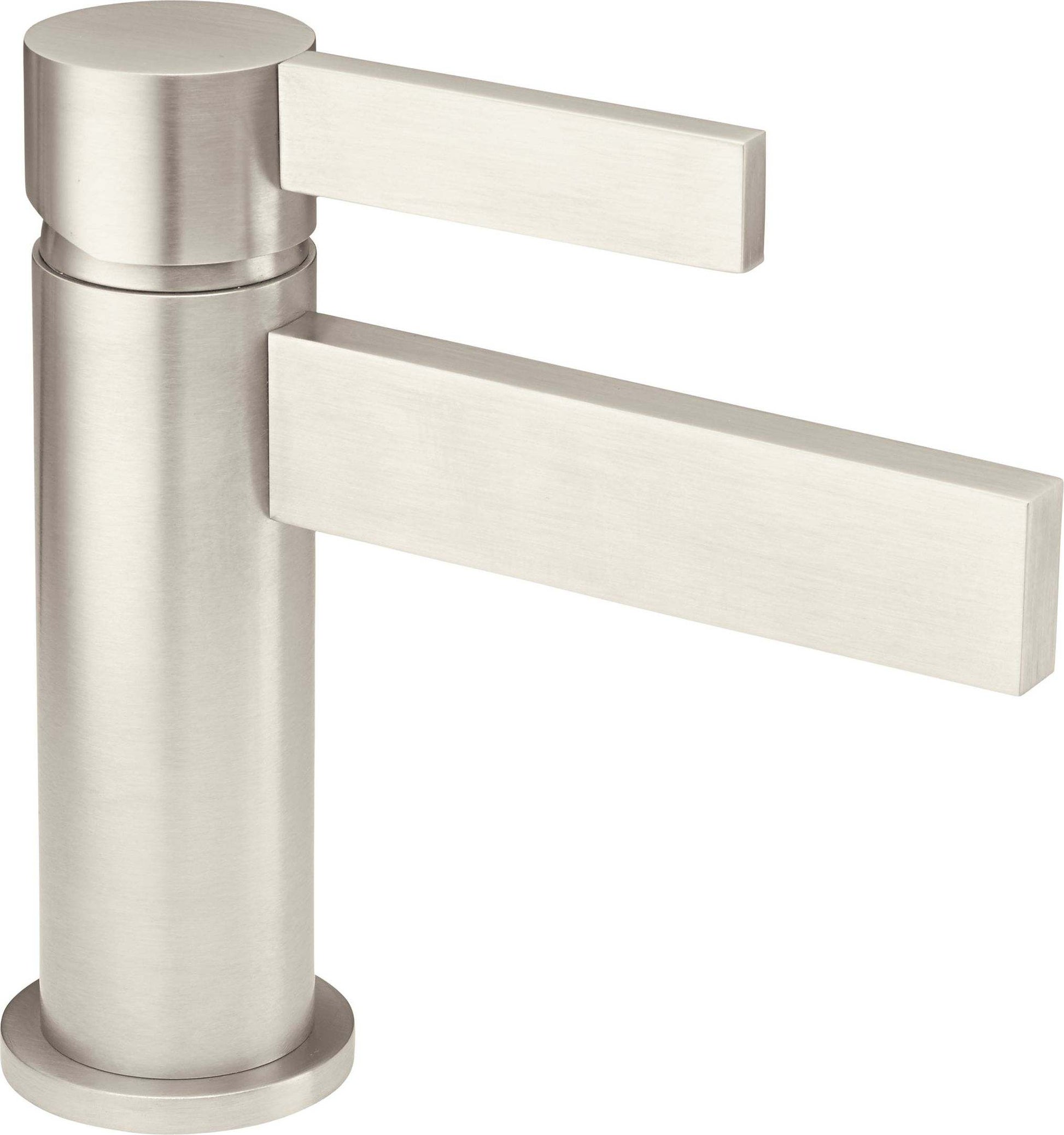 Polished chrome single-hole lavatory faucet with cylindrical body and two rectangular cream-colored lever handles.