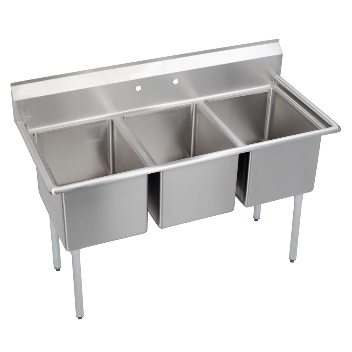 Stainless steel three-compartment commercial sink with backsplash, drain holes, and metal legs.
