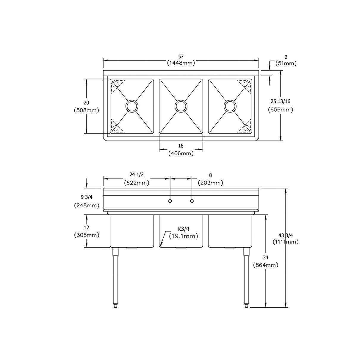 Three-compartment stainless steel sink with drainboards and stainless steel legs, shown in technical diagram with dimensions.
