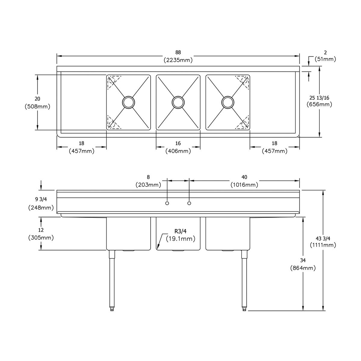 Elkay Dependabilt Stainless Steel 88" x 25-13/16" x 43-3/4" 18 Gauge Three Compartment Sink w/ 18" Left and Right Drainboards and Stainless Steel Legs