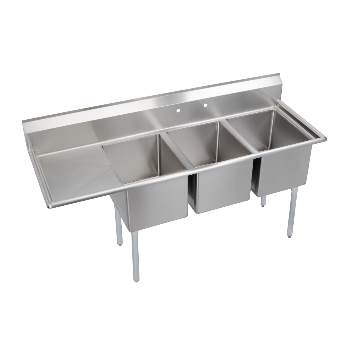 Stainless steel three-compartment sink with left drainboard and stainless steel legs.