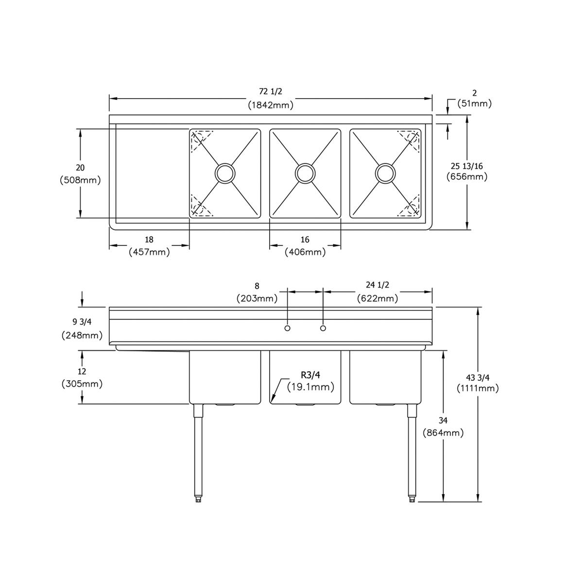 Stainless steel three-compartment sink with left drainboard and dimensions labeled in inches and millimeters.