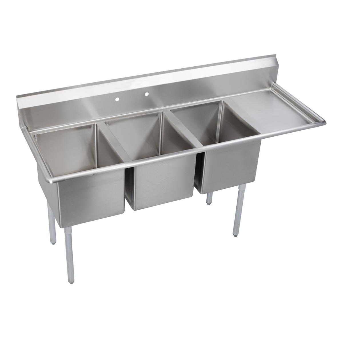 Stainless steel three-compartment sink with right drainboard and stainless steel legs.