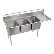 Stainless steel three-compartment sink with right drainboard and stainless steel legs.