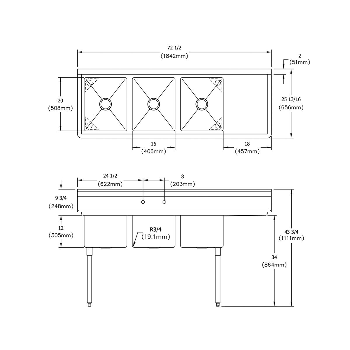 Three-compartment stainless steel sink with right drainboard and leg specifications shown in top and side views.