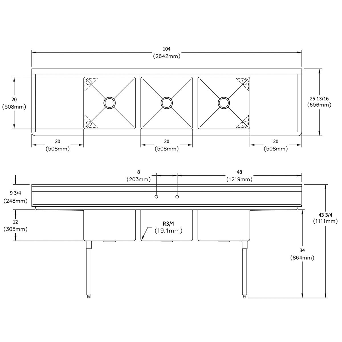 Elkay Dependabilt Stainless Steel 104" x 25-13/16" x 43-3/4" 18 Gauge Three Compartment Sink w/ 20" Left and Right Drainboards & Stainless Steel Legs