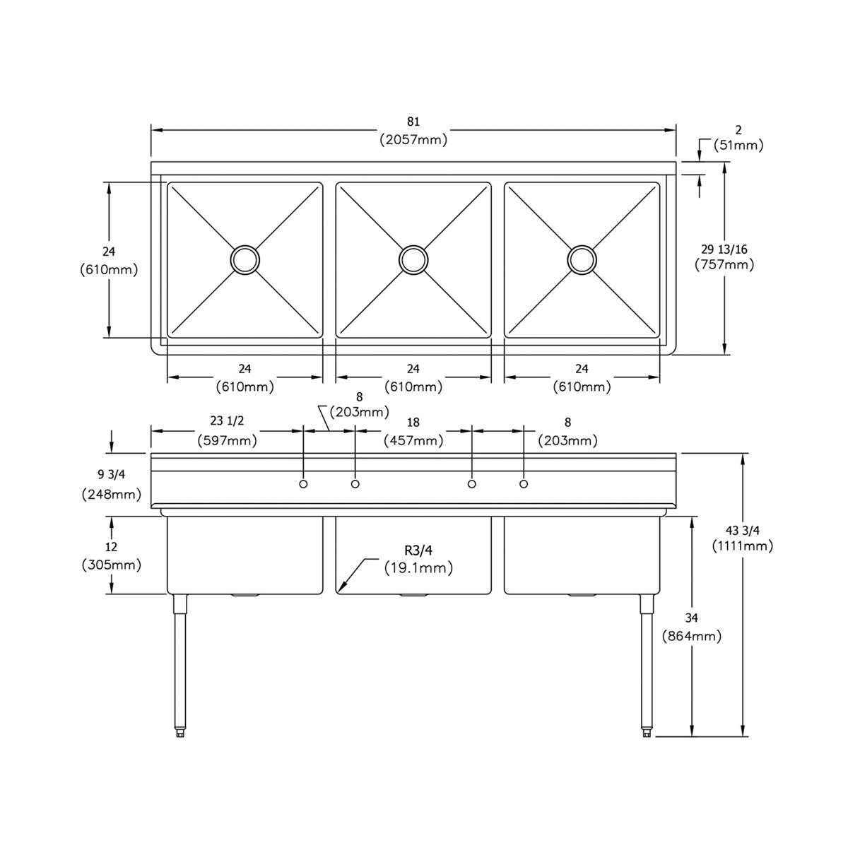 Stainless steel three-compartment sink with dimensions and drain specifications labeled, shown in technical top and side elev