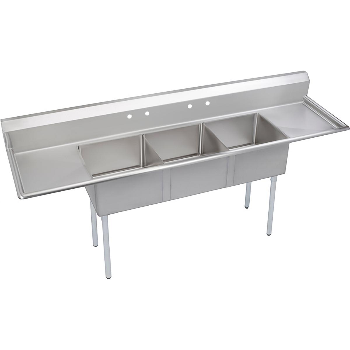 Stainless steel three-compartment sink with left and right drainboards and stainless steel legs.
