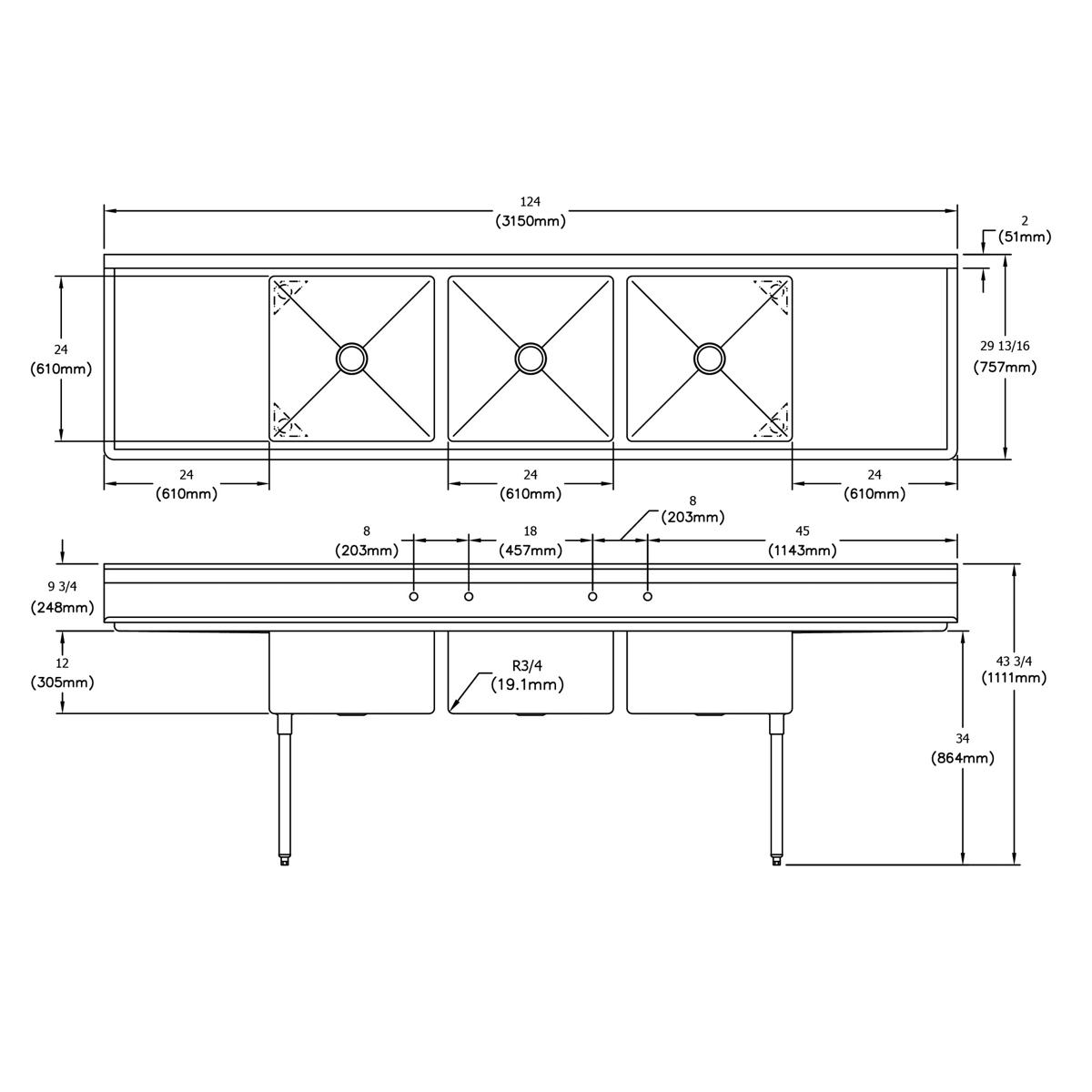 Technical specification drawing of stainless steel three-compartment sink with left and right drainboards and leg support, sh