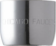 Chrome Chicago Faucets aerator with female inlet, cylindrical shape with embossed branding.