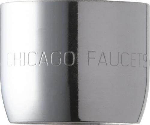 Chrome Chicago Faucets aerator with female inlet, cylindrical shape with embossed branding.