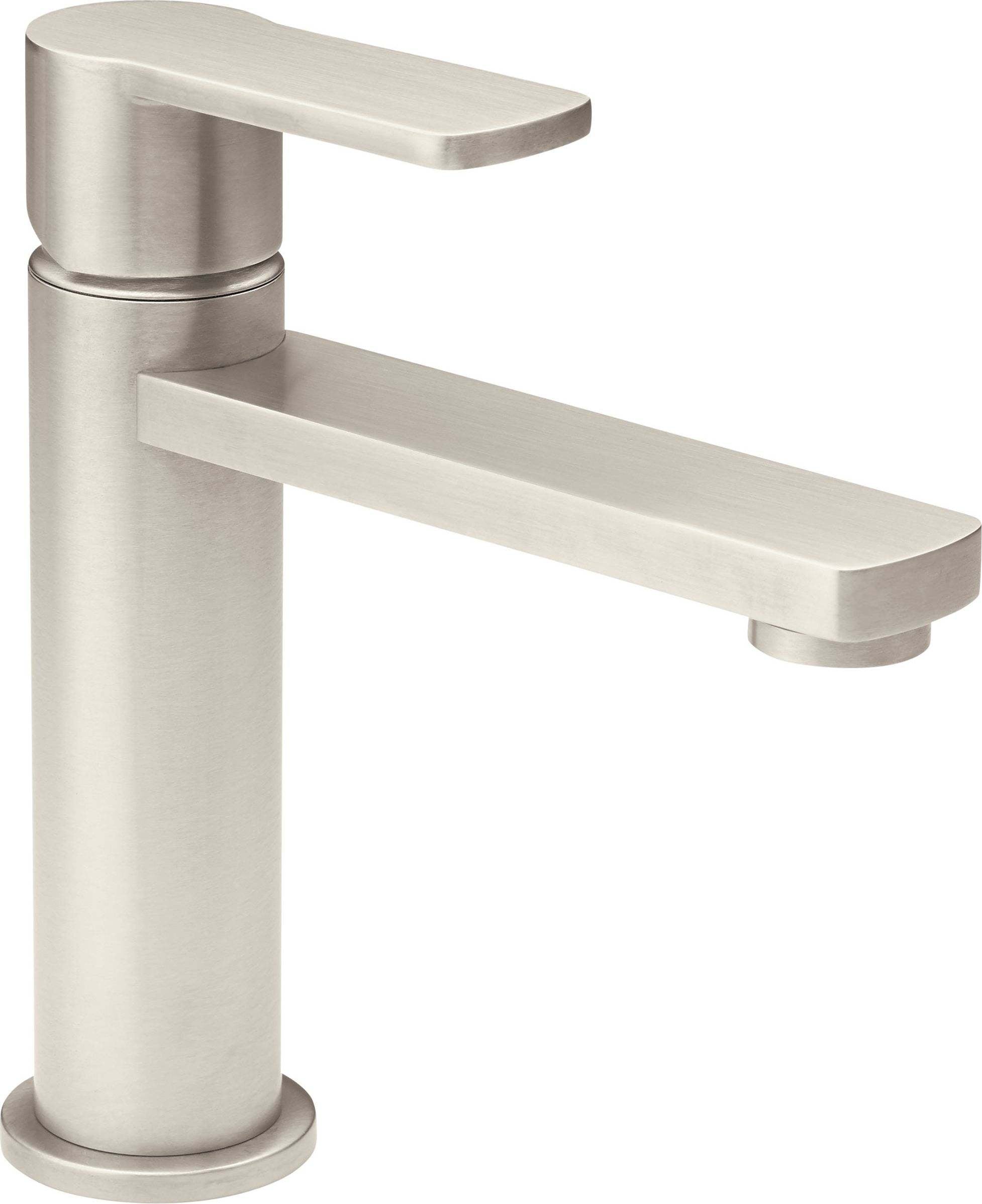 Polished nickel single-hole lavatory faucet with cylindrical body and curved spout.