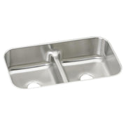 Stainless steel double bowl undermount sink with central divider and drain holes, viewed from above.