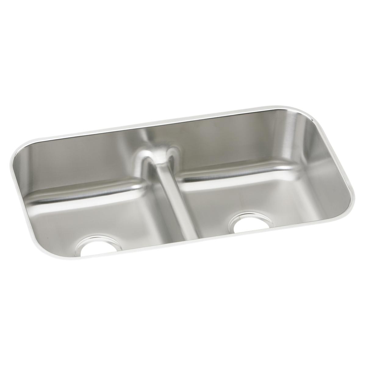 Stainless steel double bowl undermount sink with central divider and drain holes, viewed from above.