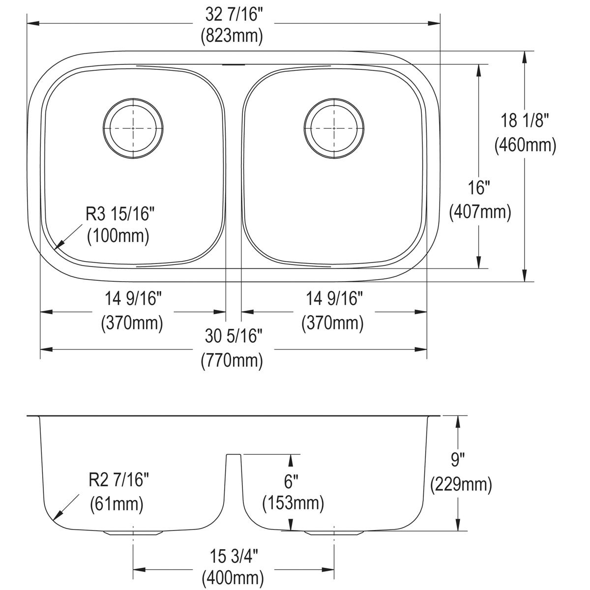 Stainless steel double bowl undermount sink with equal-sized bowls and divider, top view showing dimensions and rounded corne