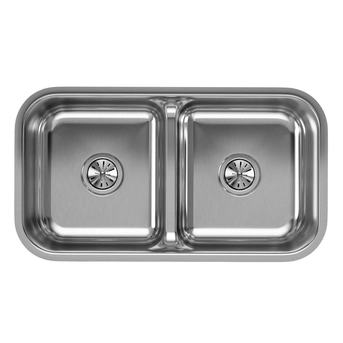 Stainless steel double bowl undermount sink with two equal-sized basins and center divider.