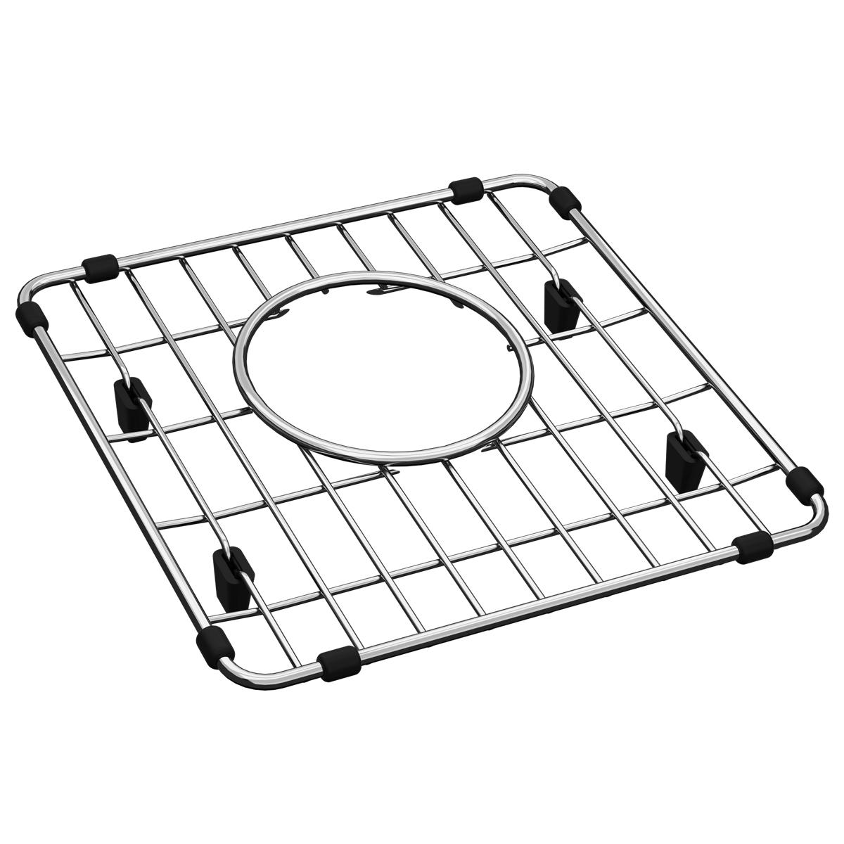 Stainless steel sink grid with rectangular wire pattern, center drain hole, and black rubber corner pads.