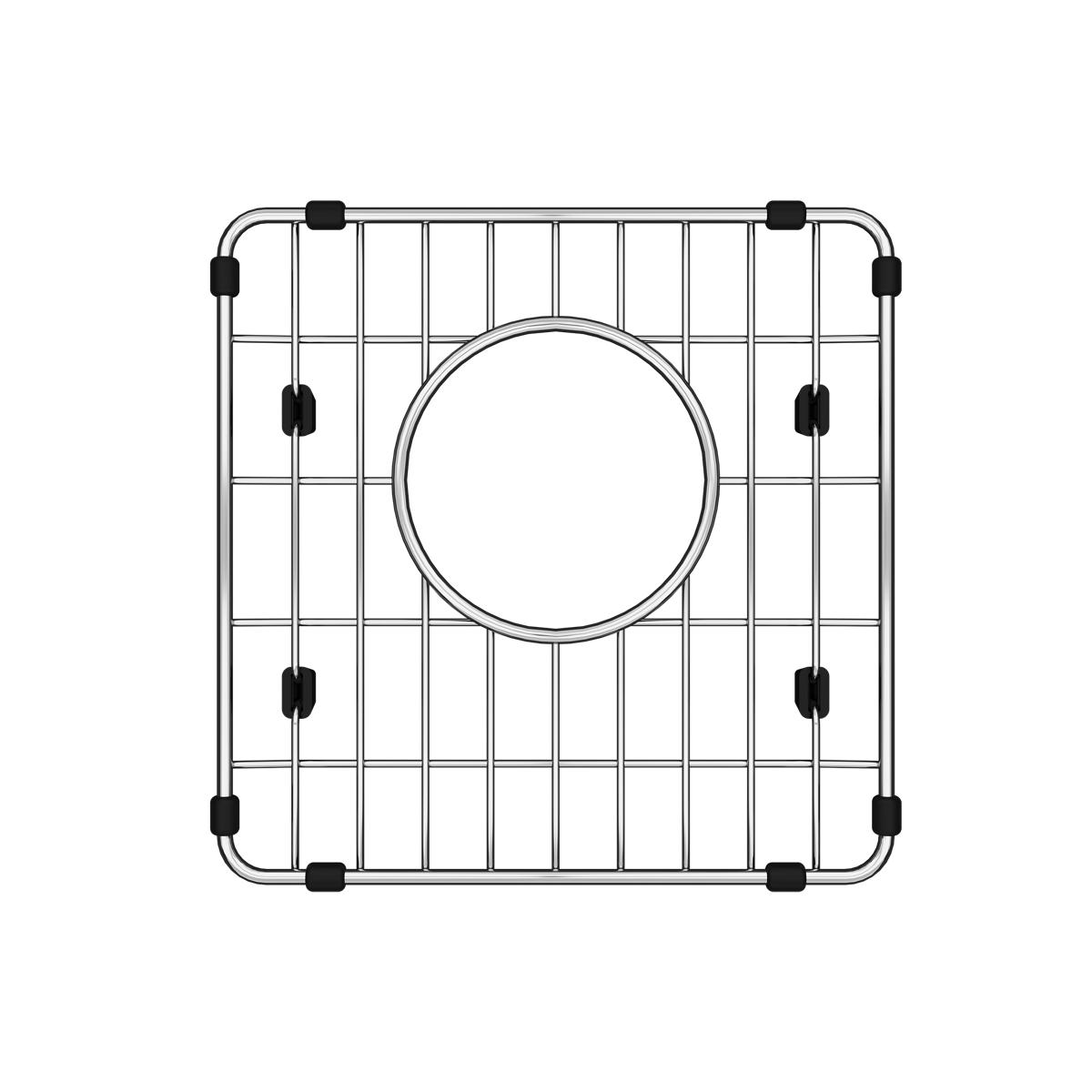 Stainless steel sink grid with square openings, circular drain hole, and black rubber feet.