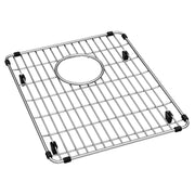 Stainless steel sink grid with parallel wires, circular center opening, and black rubber corner feet.