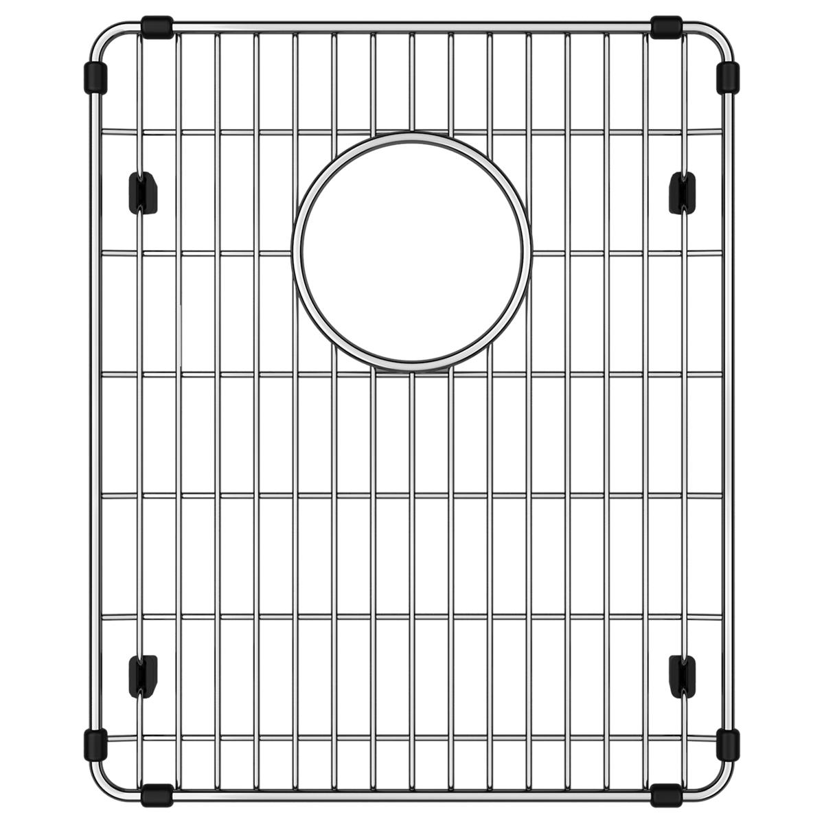 Stainless steel sink bottom grid with vertical and horizontal wires, circular drain opening, and black rubber corner feet.