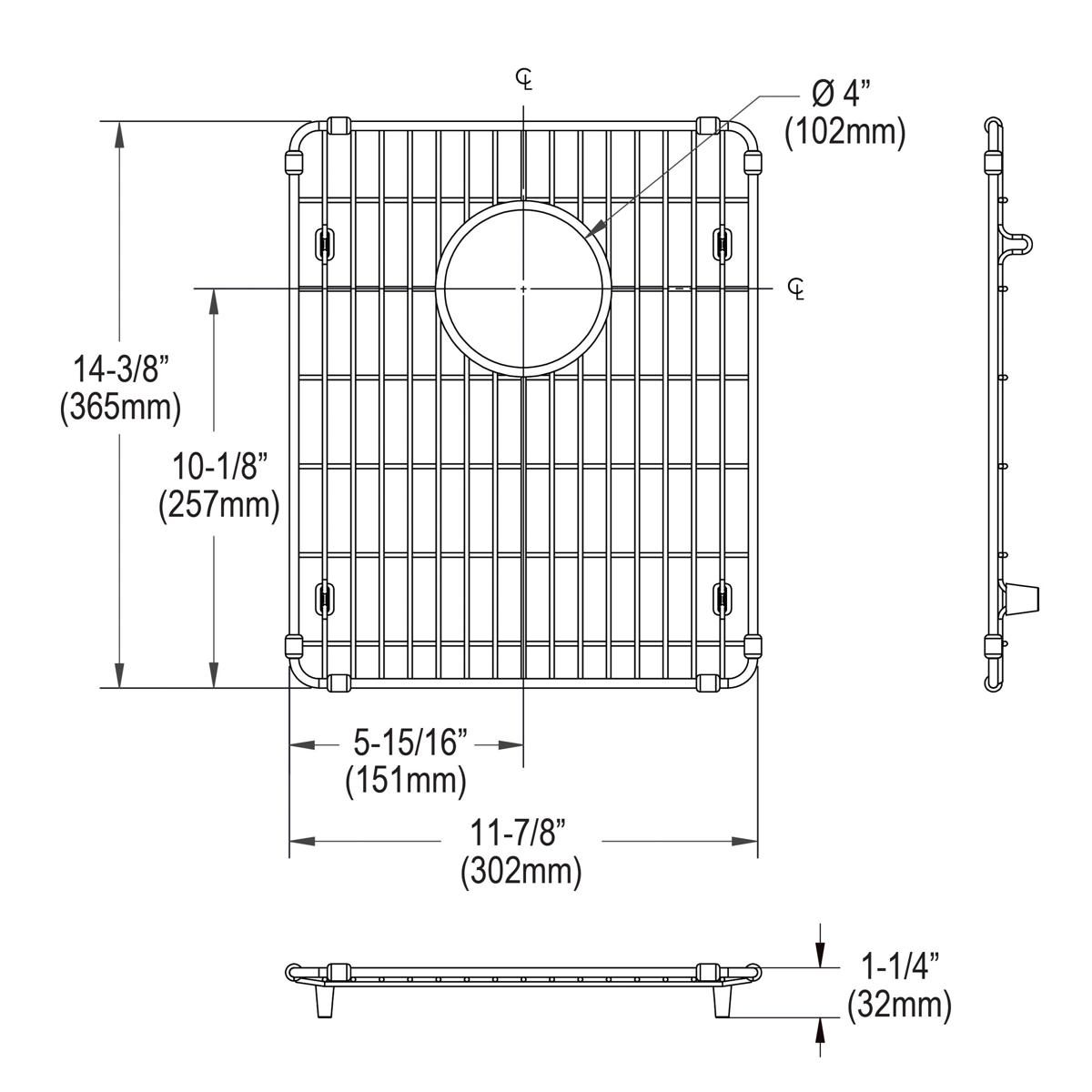 Stainless steel sink bottom grid with parallel bar design, circular drain opening, and corner mounting brackets.