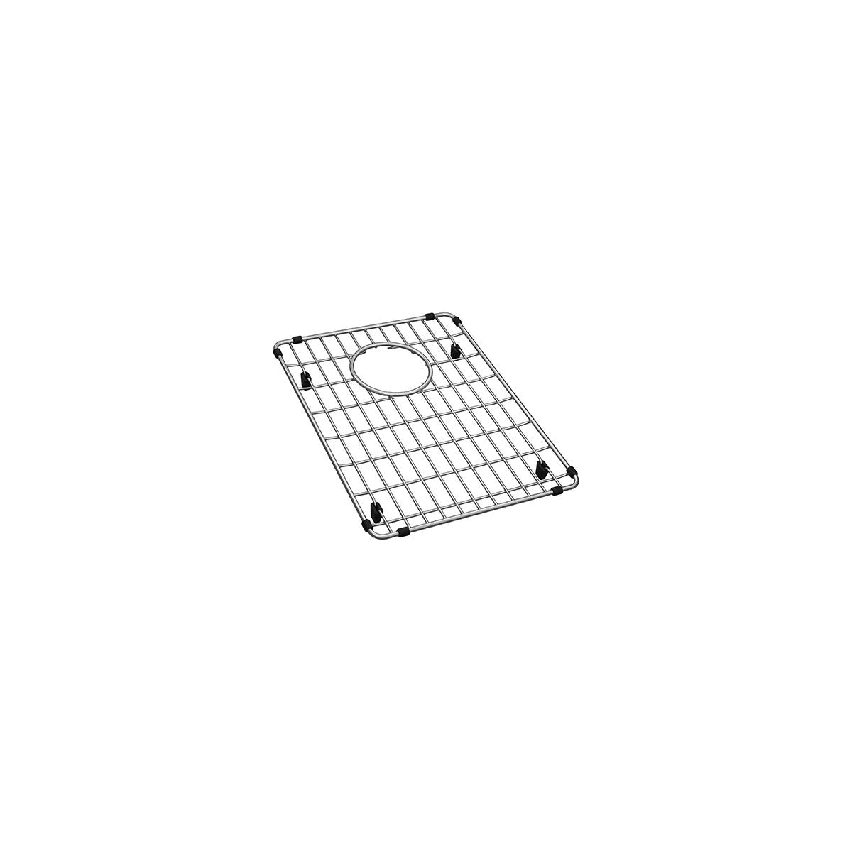 Stainless steel sink bottom grid with rectangular wire pattern and center drain opening.