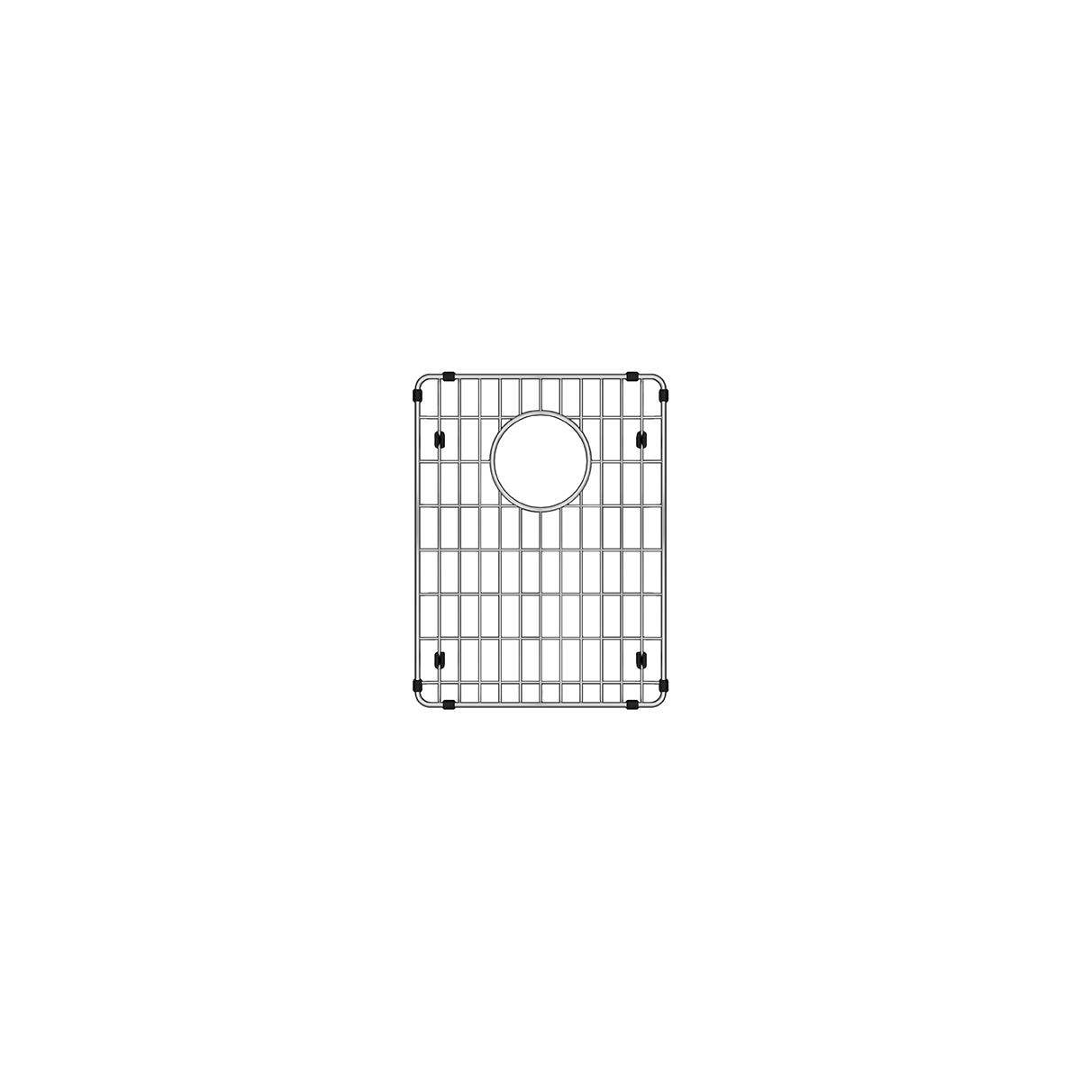 Stainless steel sink grid with vertical and horizontal wires, circular drain hole, and four corner feet.