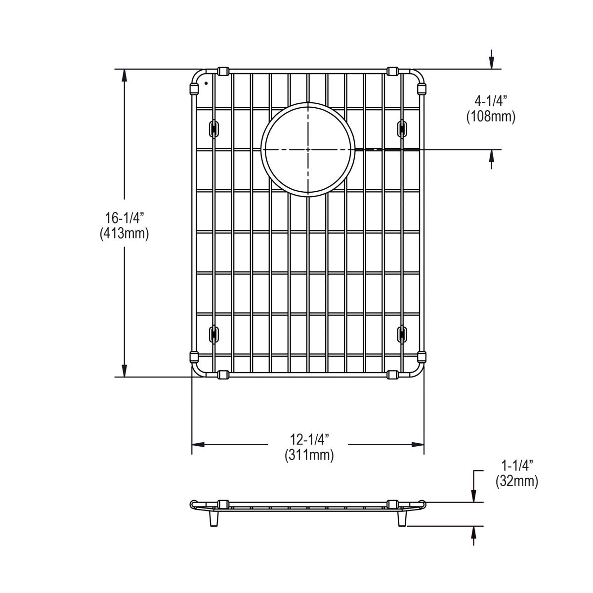 Stainless steel sink grid with vertical bars, circular drain opening, and corner feet, shown in top and side views with dimen