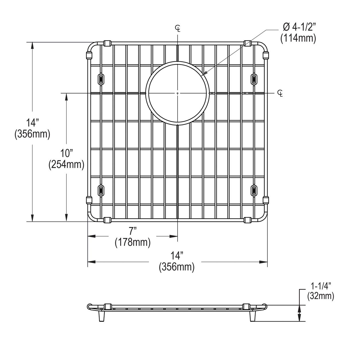 Stainless steel sink bottom grid with vertical and horizontal wire pattern, circular drain opening, and corner feet.