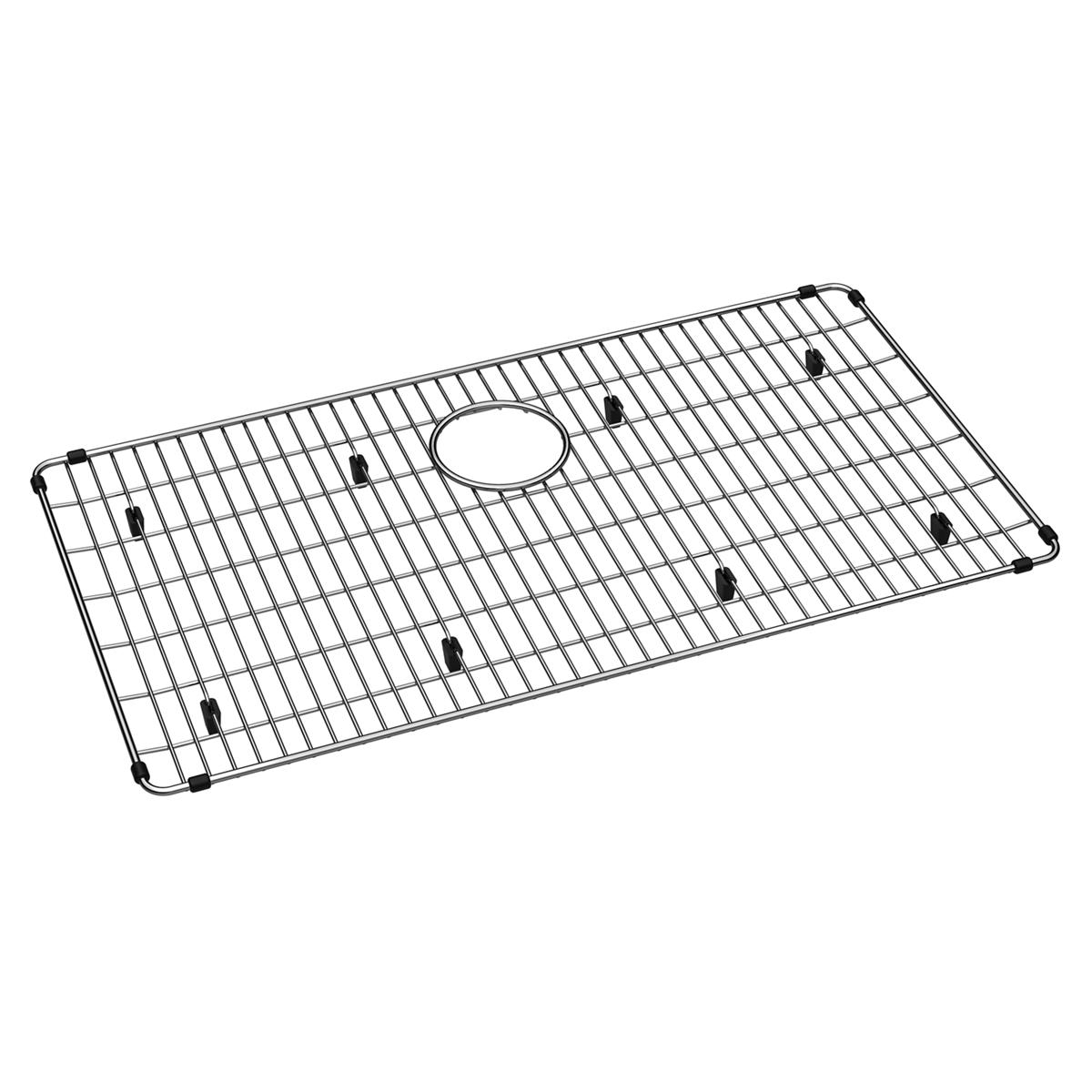Stainless steel sink bottom grid with parallel wire construction, center drain hole, and rubber feet.