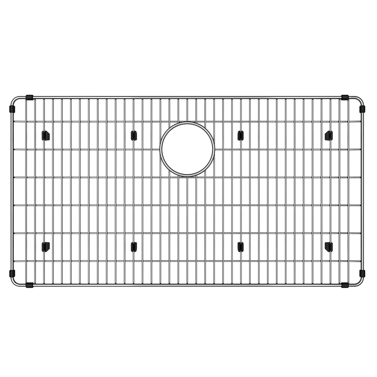 Stainless steel sink grid with vertical bars, circular drain opening, and rubber feet on corners.