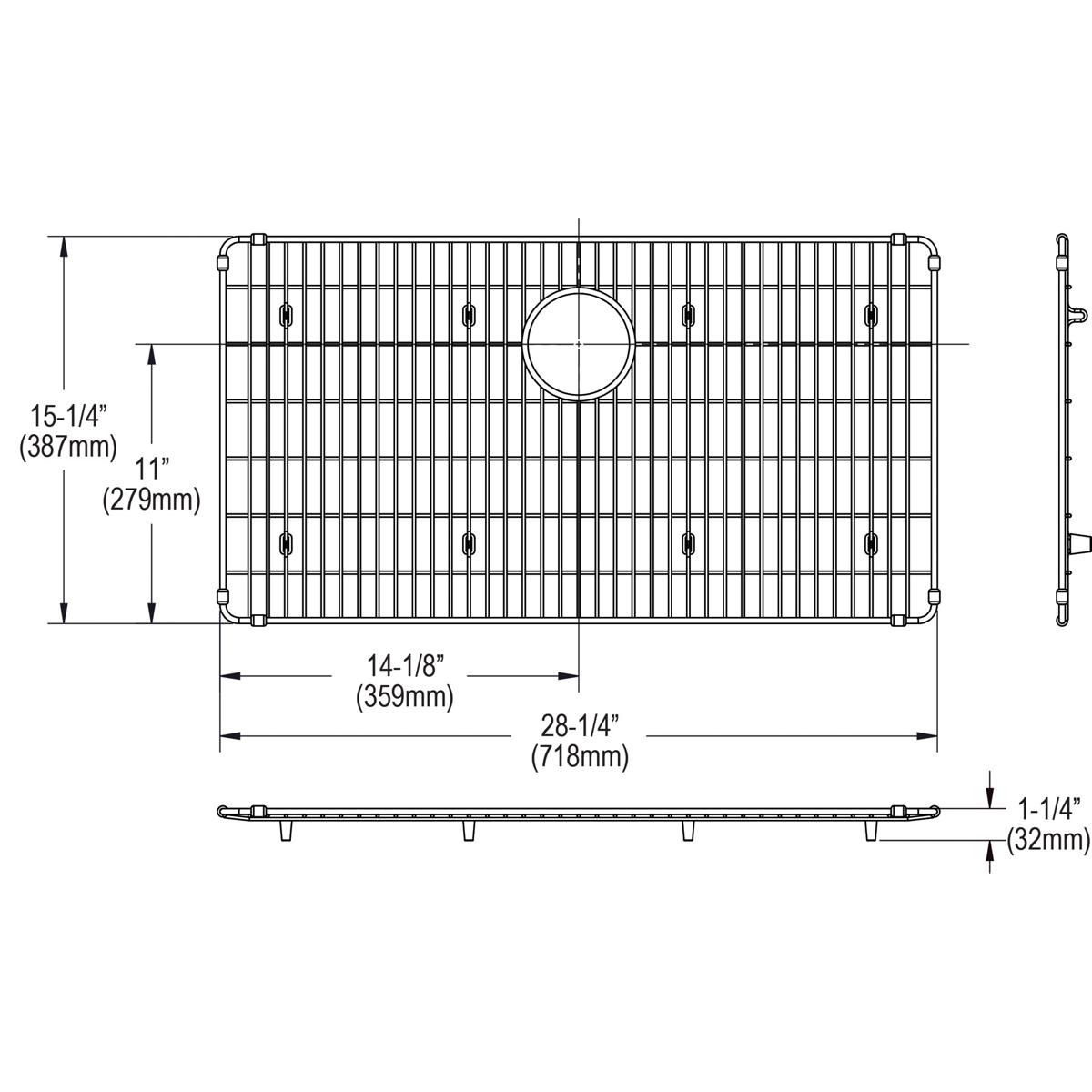 Stainless steel sink bottom grid with parallel bars and center drain hole, shown in top and side views with dimensions.
