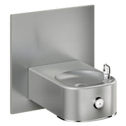 Stainless steel water fountain with curved basin, mounted faucet, and wall-mounted backplate.