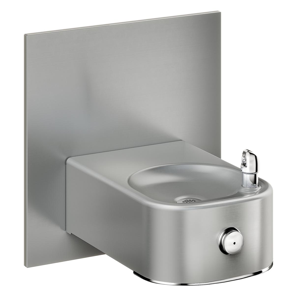 Stainless steel water fountain with curved basin, mounted faucet, and wall-mounted backplate.