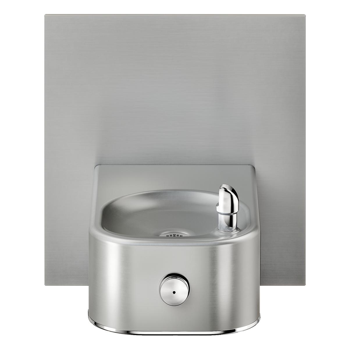 Stainless steel water fountain with curved basin, single spout, and control button mounted on front.