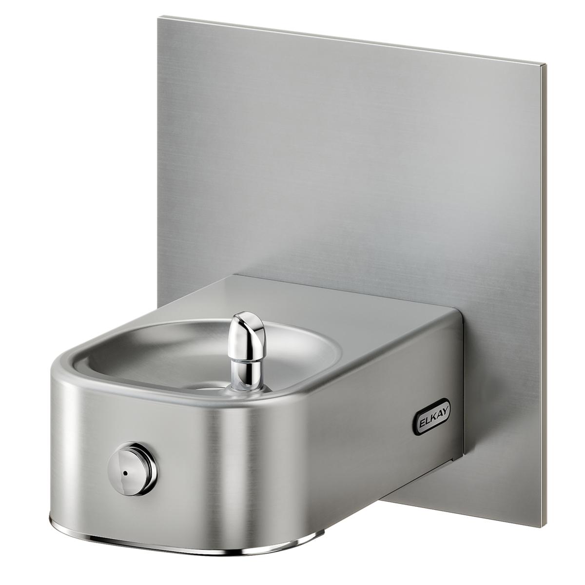 Elkay stainless steel wall-mounted drinking fountain with rounded basin, chrome spout, and control knob.