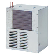 White remote chiller unit with horizontal coil section, ventilation louvers on lower half, and two copper pipes extending fro