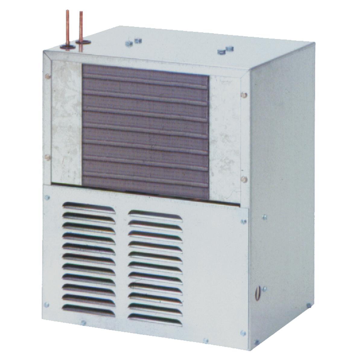 White remote chiller unit with horizontal coil section, ventilation louvers on lower half, and two copper pipes extending fro