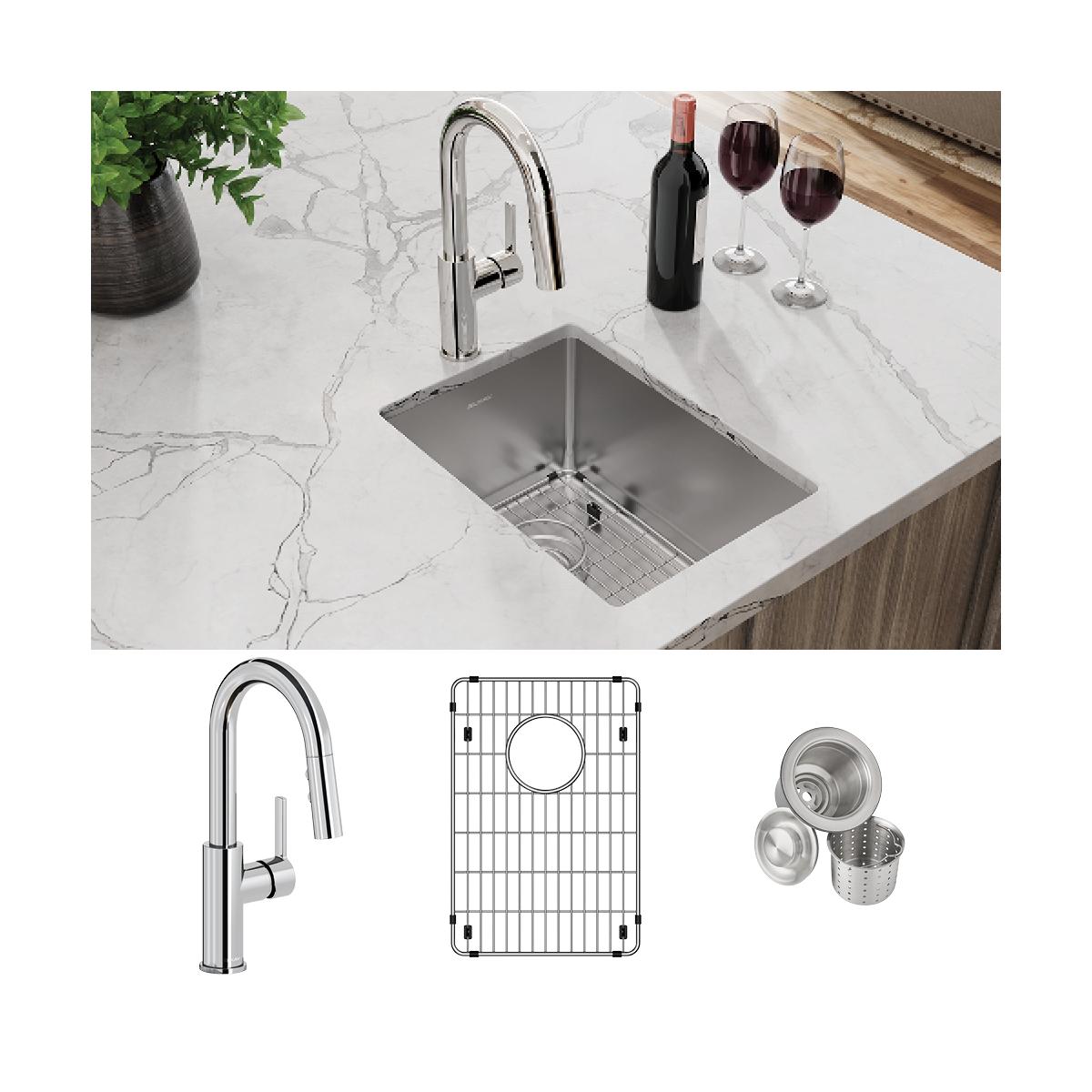 Stainless steel undermount bar sink with chrome faucet, bottom grid, and drain accessories displayed in marble countertop set